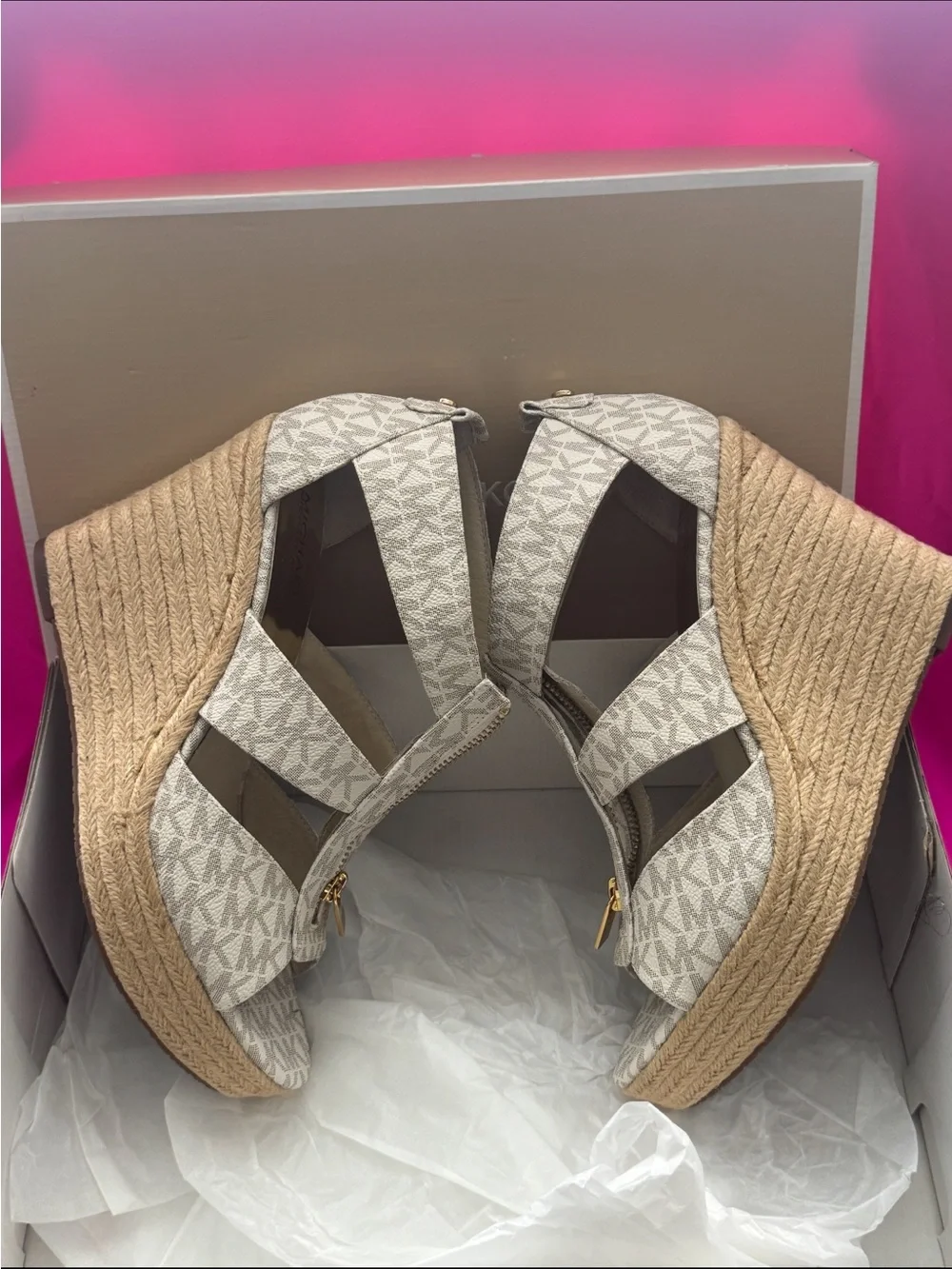 Michael Kors Beige MK Logo Zip-Strap Heels
